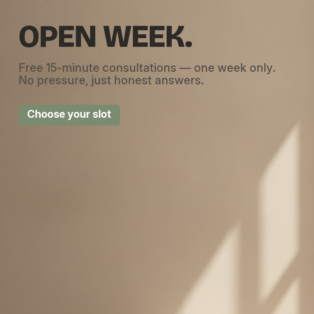 Advert: calm clinic details — Open week, free 15-minute consultations