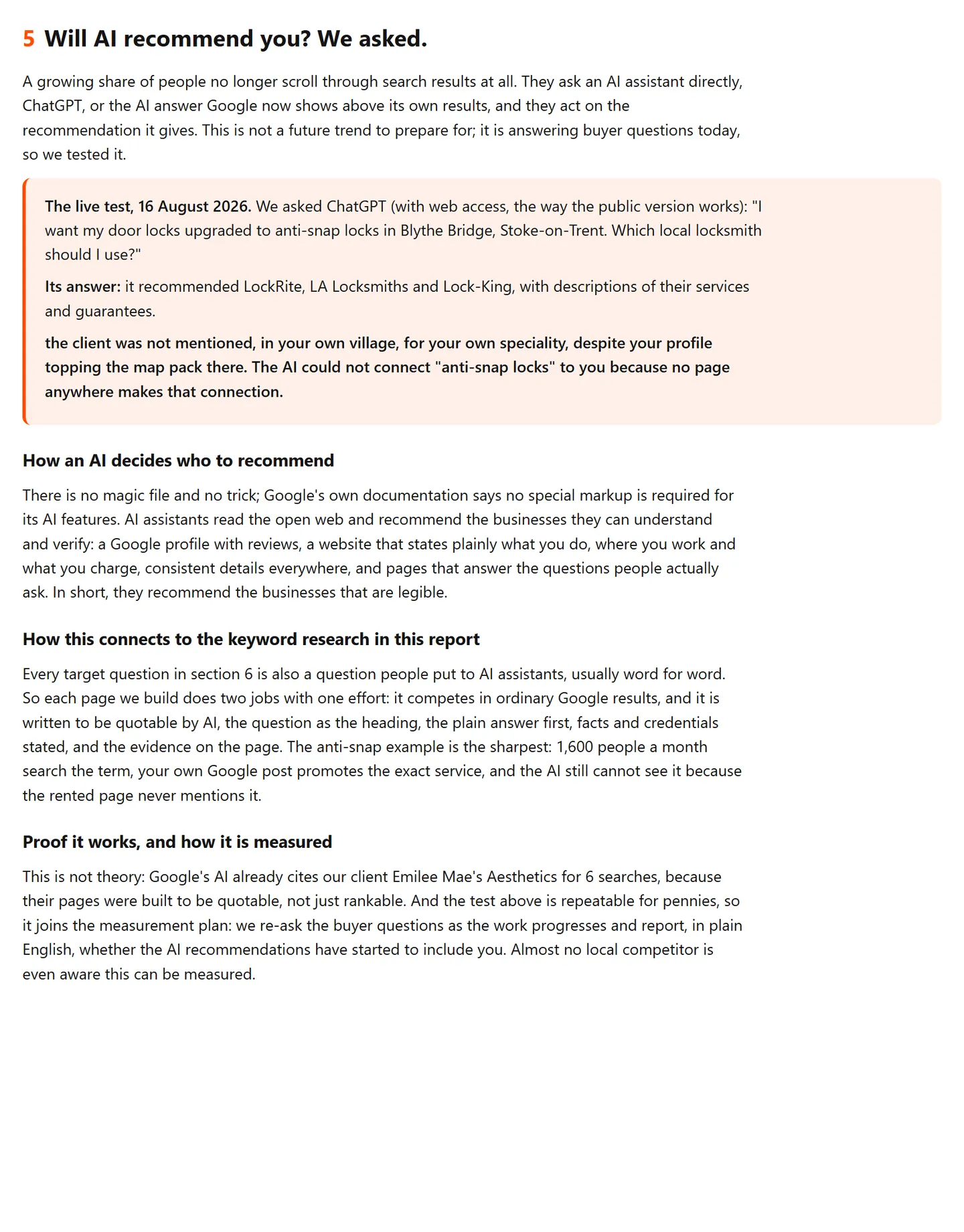 AI recommendation test — we asked ChatGPT which local business it recommends and recorded whether the client was mentioned