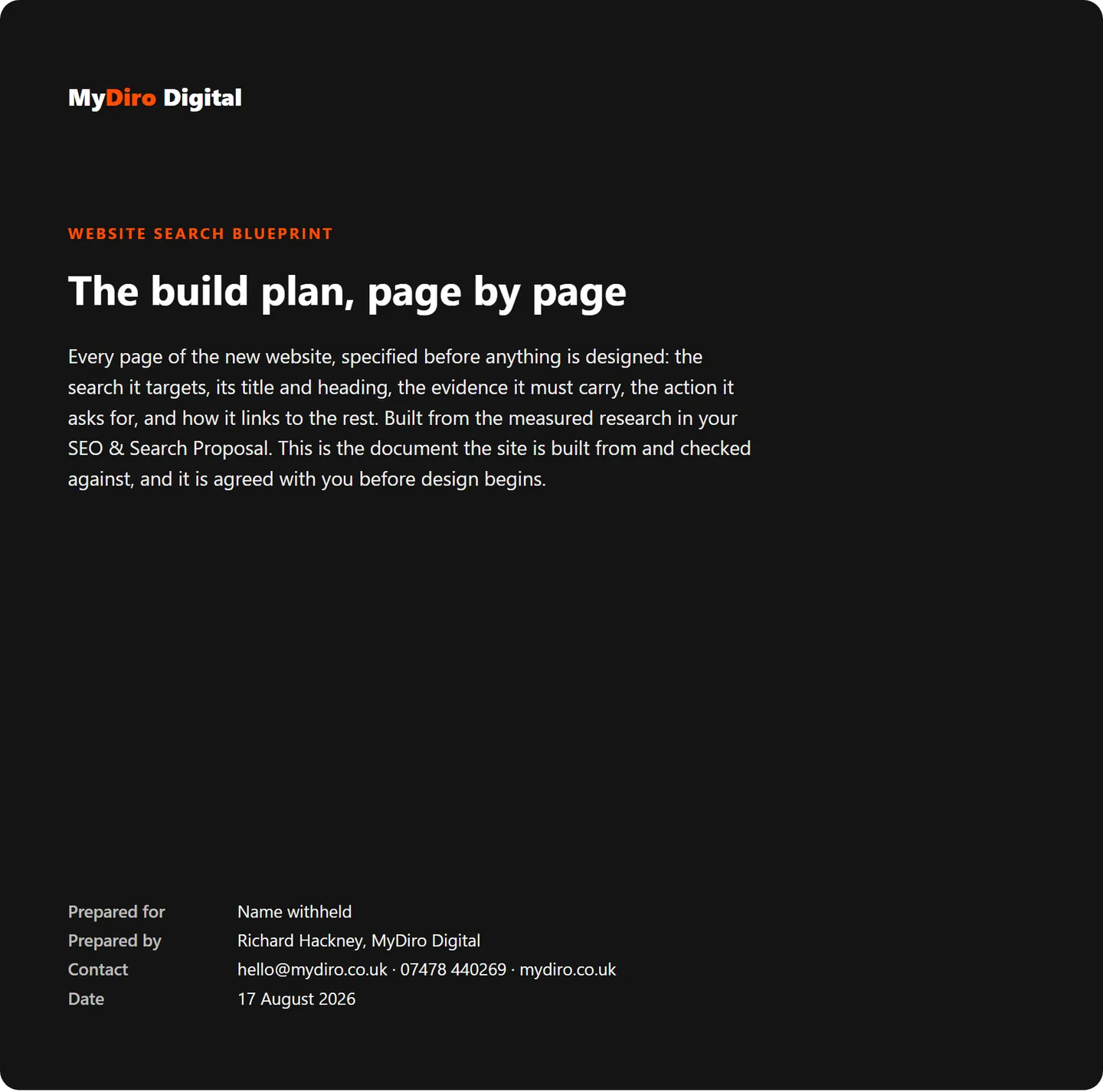 MyDiro website search blueprint cover — the build plan, page by page