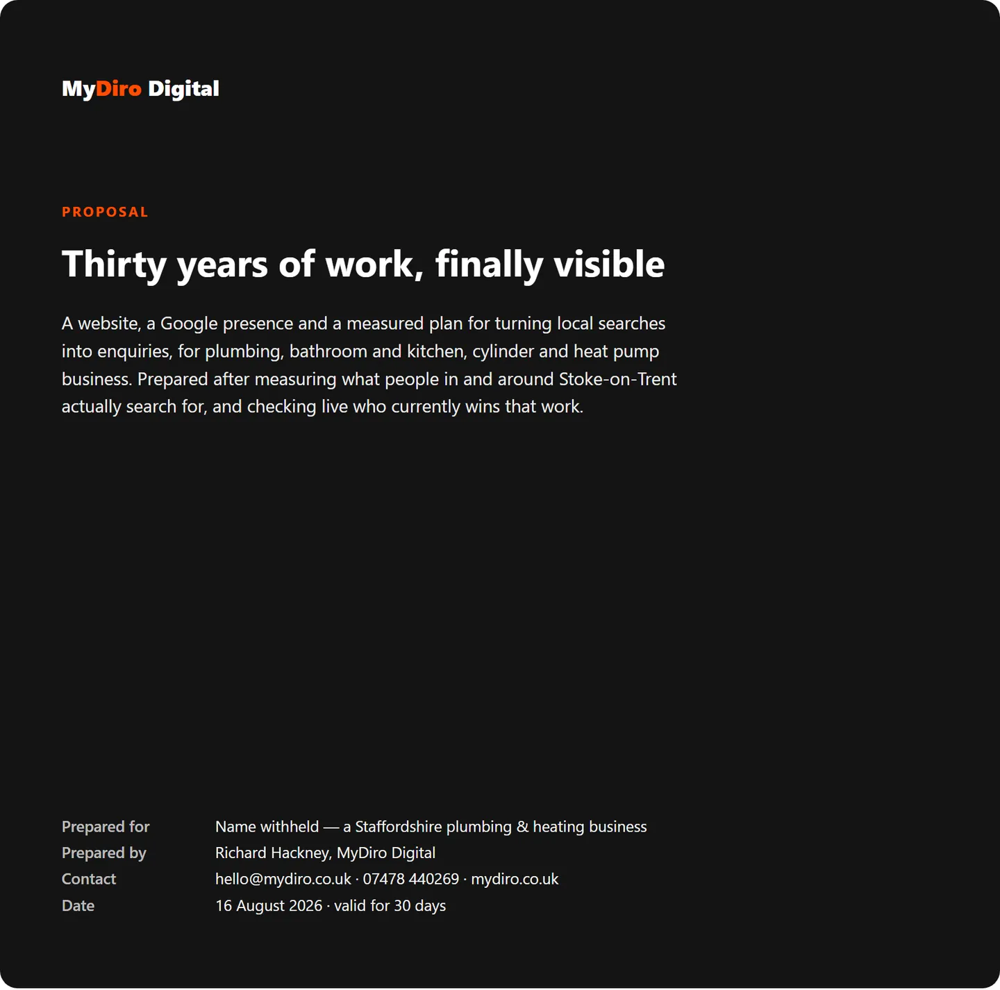 MyDiro website proposal cover — the recommendation, costs and plan in plain English