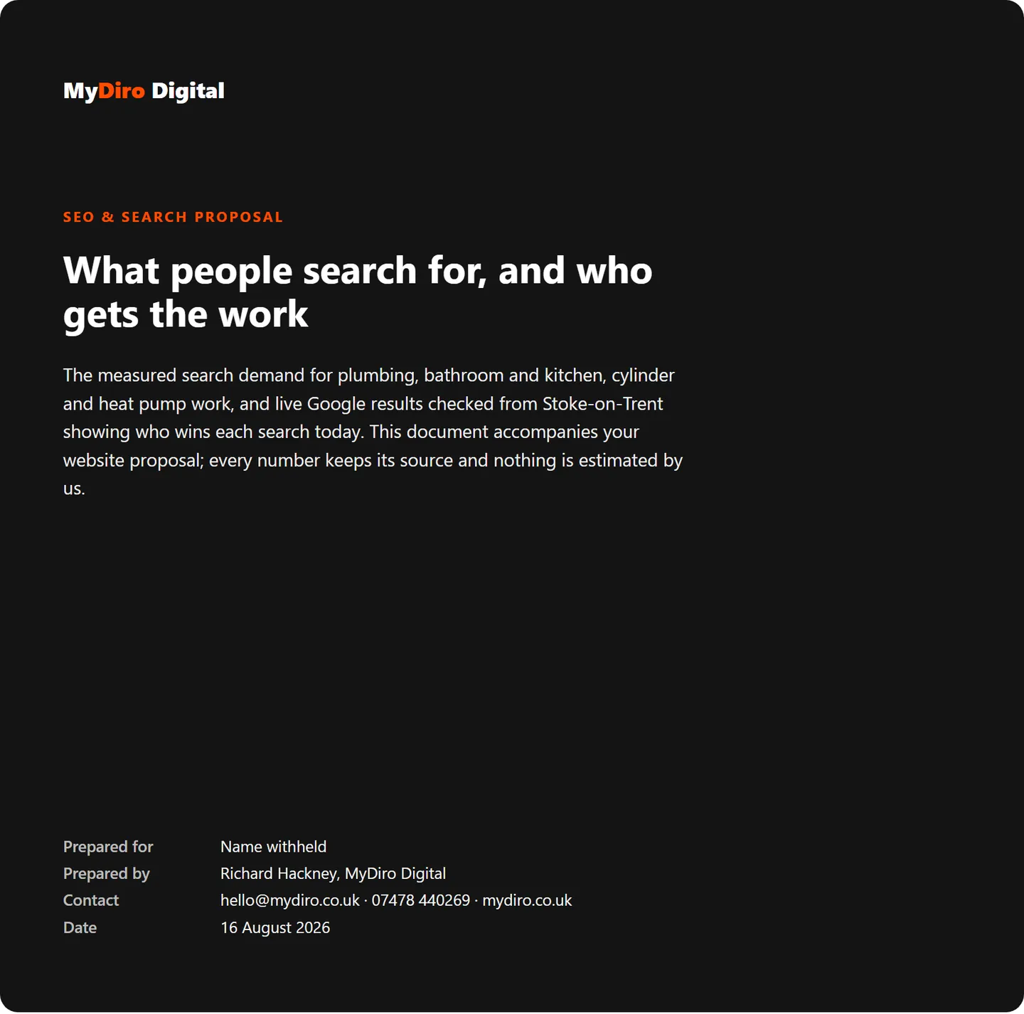 MyDiro SEO and search proposal cover — what people search for, and who gets the work