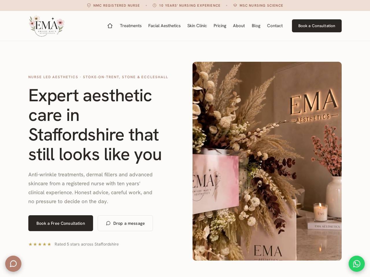 EMA Aesthetics website after the rebuild — hand-coded by MyDiro