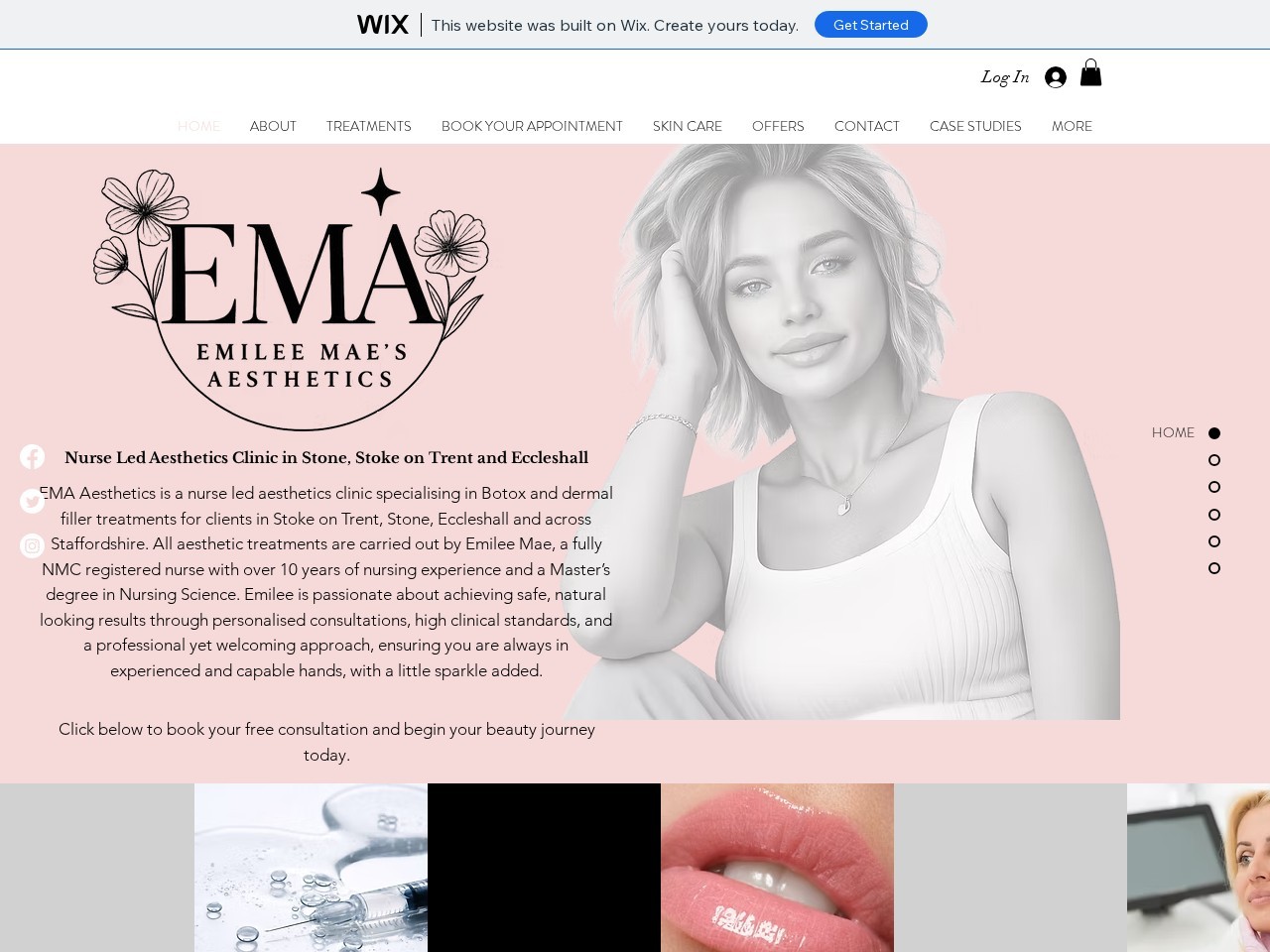 The original EMA Aesthetics website built on Wix — template layout with the Wix banner across the top